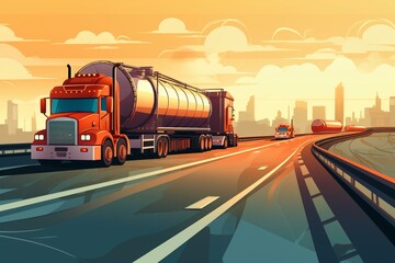 Illustration of oil tanker trucks on highway with environmental awareness concept. Generative AI