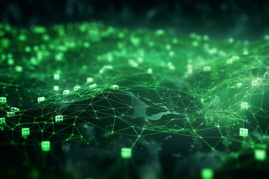Green tech background depicting a worldwide network of data communication in cyberspace. 3D rendered image. Generative AI