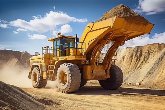 Large wheel loader loading sand into dump truck. Concept of heavy industrial machinery. Generative AI