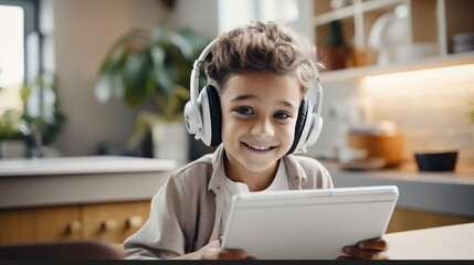 Little boy using tablet and headphones for learning in home, Studying on internet and listening to music in virtual class.