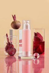 Mockup scene for advertising cosmetic with empty bottle decorated with beetroots, glassware and...