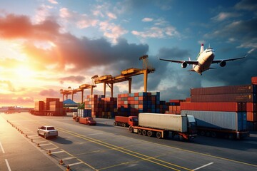 An image depicting logistics with a container truck, ship in port, and airplane for import/export industry. Generative AI