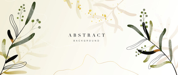 Abstract art background vector. Luxury minimal style wallpaper with golden line art flower and botanical leaves, gold glitter, watercolor. Vector background for banner, poster, Web and packaging.