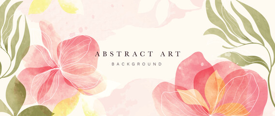 Fototapeta na wymiar Abstract floral art background vector. Botanical watercolor hand drawn flower paint brush line art. Design illustration for wallpaper, banner, print, poster, cover, greeting and invitation card.