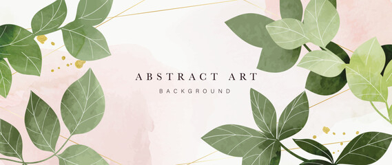 Abstract art background vector. Luxury minimal style wallpaper with golden line art foliage, gold glitter, watercolor texture. Vector background for banner, poster, wedding card, decoration.