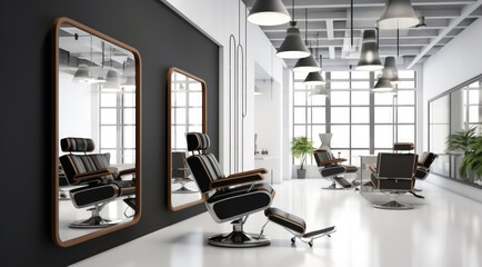 Chairs and stations in empty beauty salon.