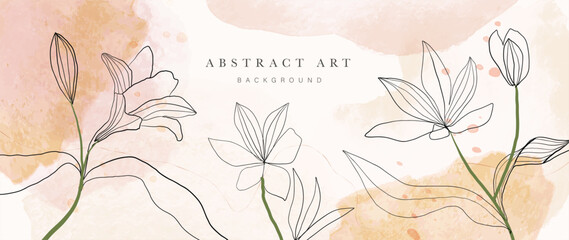 Abstract floral art background vector. Botanical watercolor hand drawn flower paint brush line art. Design illustration for wallpaper, banner, print, poster, cover, greeting and invitation card.