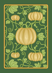 Pumpkin pattern design. Growth pumpkin, vines and leaves, colorful illustration, digital art.