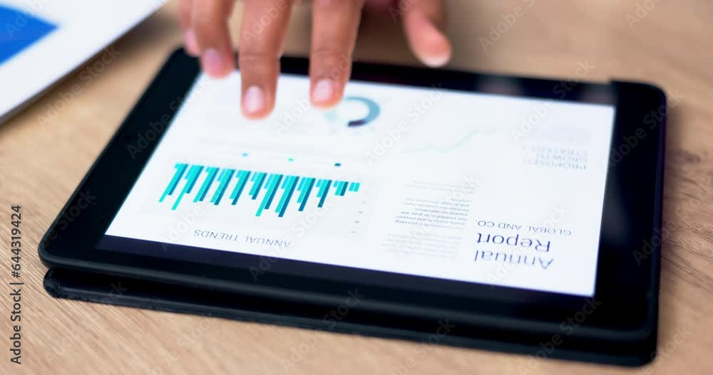 Poster hand of businessman, scroll on tablet and data on report with user interface, charts and graphs on d
