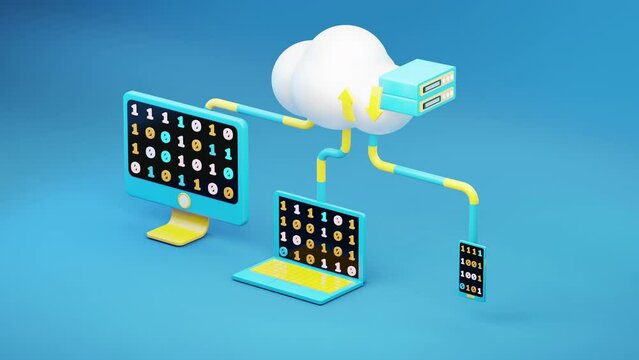 cloud computing upload data to cloud security, computer laptop smartphone server, blue background, minimalist.