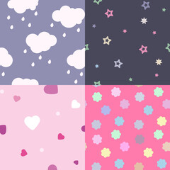 Set of vector seamless baby patterns. Clouds, stars and hearts. - 644320031