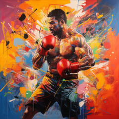 Colorful art design of the sport of boxing in the style of paints and splashes