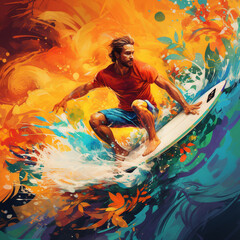 Colorful art design of the sport of surfing in paint and splash style