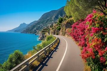Scenic Amalfi Coast road, summer beauty with blooming flowers in Italy. Generative AI - obrazy, fototapety, plakaty