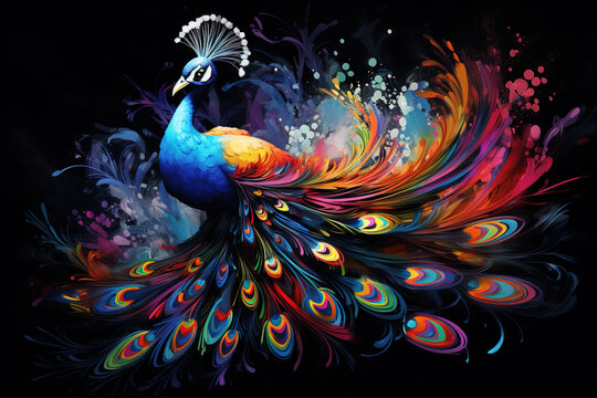  Image of painting peacock on black background. Bird. Wildlife Animals. Illustration, Generative AI.