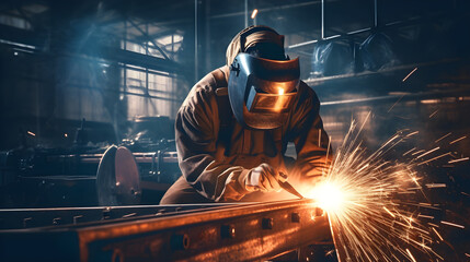 The welder is welding the various parts of the house construction in a factory. - obrazy, fototapety, plakaty