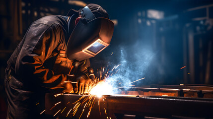 The welder is welding the various parts of the house construction in a factory.