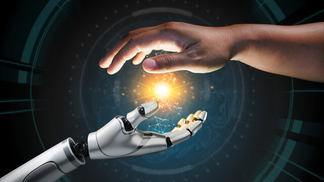 Hands of robot and human holding big data of global network connection. Cooperation between people and machine technology concept. AI technology development and global robotic science.