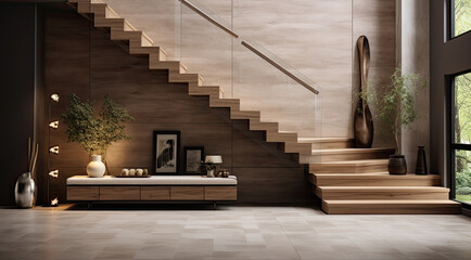 Scandinavian modern minimalist hallway interior design with wooden staircase