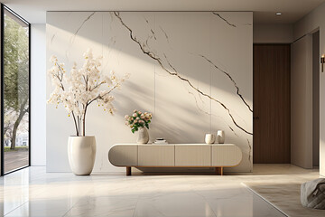 Scandinavian modern interior design of light entrance hallway in minimalist style with marble wall