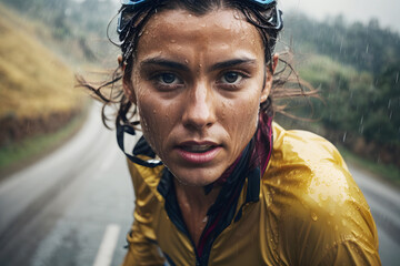 cyclist descending a rain-soaked hill with intense determination AI generated image