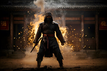 silhouette of a mysterious kung fu warrior training in the darkness AI generated image