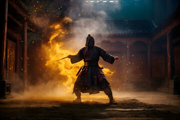 silhouette of a mysterious kung fu warrior training in the darkness AI generated image