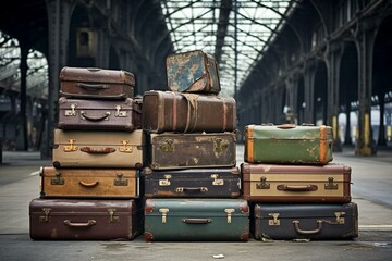 Stacked old suitcases left at a deserted railway station. Generative AI