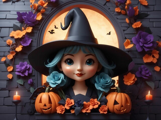 3d cute witch in wall floral halloween bacHalloween Witches in Townkground  