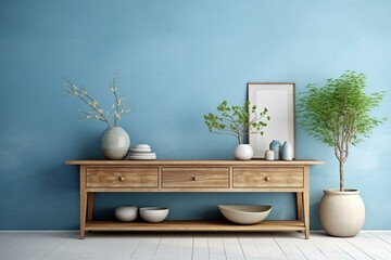 Farmhouse living room interior with blue wall, wooden console, vintage decor, and green plants in a vase. High-quality 3D illustration. Generative AI