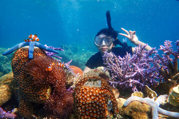 Young woman snorkeling exploring underwater coral reef landscape background in the deep blue ocean with colorful fish and marine life