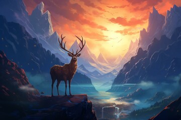 2D illustrated wallpaper featuring a deer standing before a majestic mountain. Generative AI