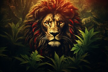Lion in reggae style surrounded by cannabis leaf signifying legalization and use. Generative AI