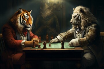 Realistic lion and tiger in formal attire playing chess. Generative AI