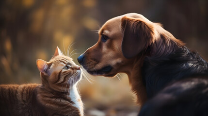 Golden Retriever and tabby cat playing in autumn garden. 
