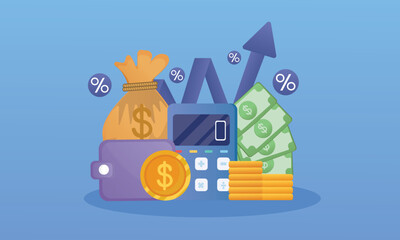 Currency is on the rise. soaring finances higher interest rates.on blue background.Vector Design Illustration.