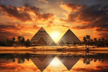 Pyramids rise near the Nile River amidst beautiful nature and cloudy sky in Egypt. Generative AI