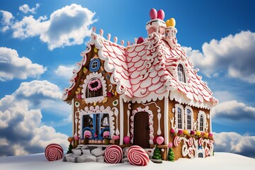 A candy-embellished gingerbread house against a blue sky and white clouds. Generative AI