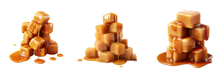 Cubes of caramel covered in caramel sauce transparent background - obrazy, fototapety, plakaty