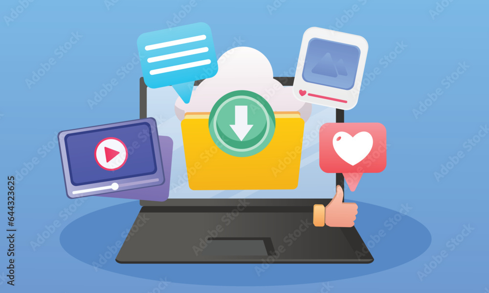 Poster download data to cloud computing with the laptop concept for digital file sharing.on blue background