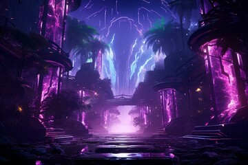 Obraz premium An energetic cyberpunk exotic scene with glowing purple lights illuminating palm fronds. Artwork. Generative AI