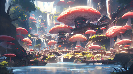 A fantasy mushroom village by the riverside, Generative AI