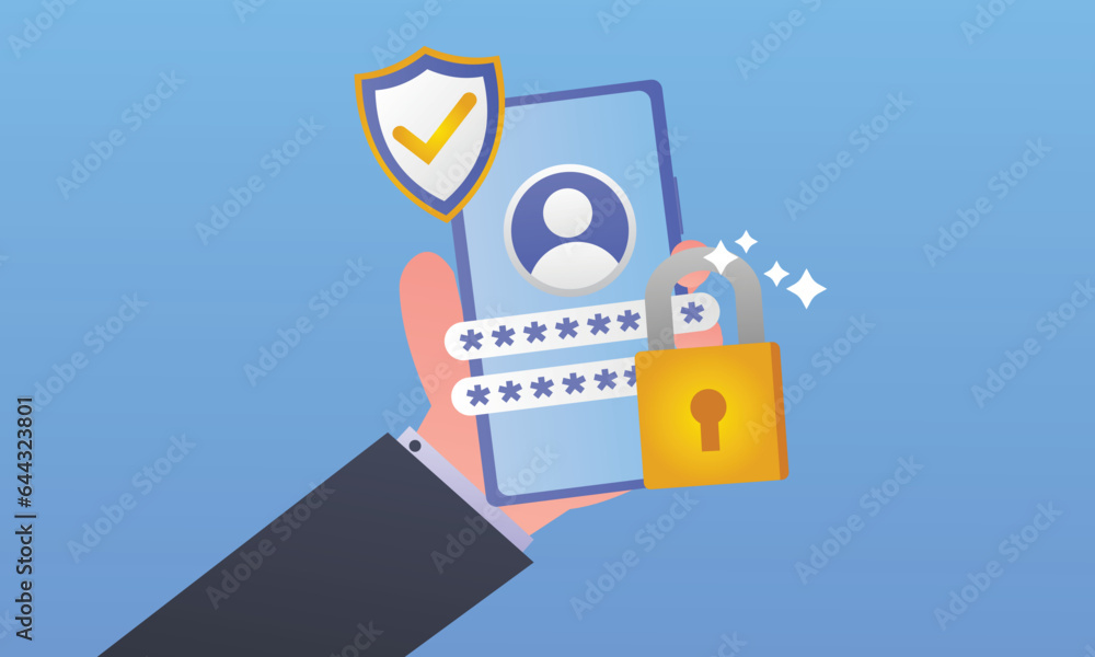 Poster smartphone character hand login and password from the account in the mobile application.on blue back