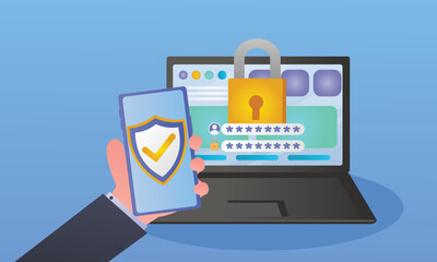 Secure Password Verification with Two-Factor Authentication SMS notification with security code.on blue background.Vector Design Illustration.