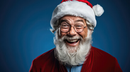 Portrait of Santa Claus laughing on blue background. Christmas and New Year concept. created by generative AI technology.