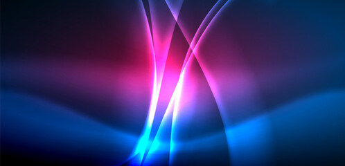 Dynamic waves in ethereal glow of neon lights. Concept merges fluidity of motion with vibrant allure of neon, crafting entrancing backdrop that embodies both vitality and futuristic sophistication