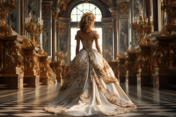 Back View of the Queen Wearing Luxurious Gown Inside the Palace of Versailles AI Generative