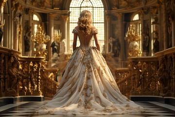 Back View of the Queen Wearing Luxurious White Gown Inside the Palace AI Generative