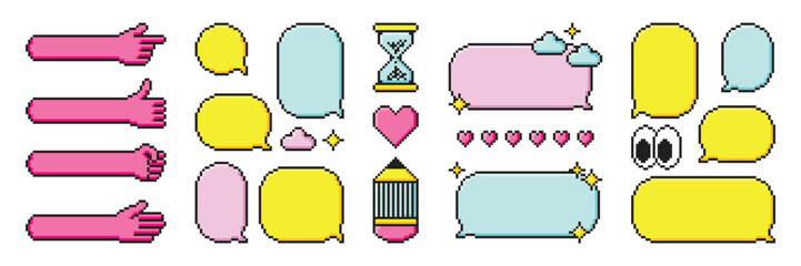 Pixel art dialogue box, hand, heart, star, cloud clipart. Speech bubbles in the mood of 90's game aesthetics. Vector 8-bit retro style illustration for card, social media, banner, stickers. - obrazy, fototapety, plakaty