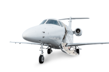 Close-up of the white modern private jet with an opened gangway door isolated